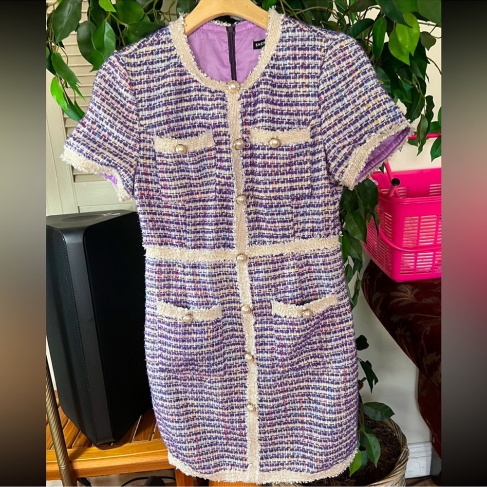 SHEIN Purple and White Sheath Mini Dress Crew Neck Short Sleeve